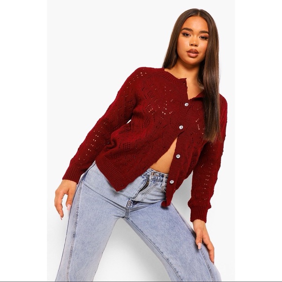 Boohoo Sweaters - Red Crochet Rhinestone Button Pointelle Cardigan